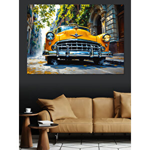 Yağmurlu Sarı Klasik Araba Dekoratif Kanvas - Mdf Ahşap Tablo 70x100 cm