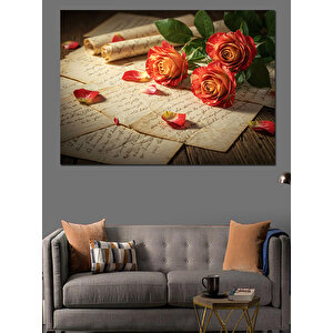 Gül Yapraklı Mektup Masası Dekoratif Kanvas - Mdf Ahşap Tablo 50x70 cm