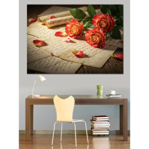 Gül Yapraklı Mektup Masası Dekoratif Kanvas - Mdf Ahşap Tablo 50x70 cm