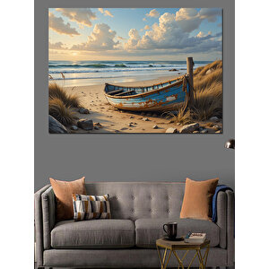Kumsalda Terk Edilmiş Kayık Dekoratif Kanvas - Mdf Ahşap Tablo 50x70 cm