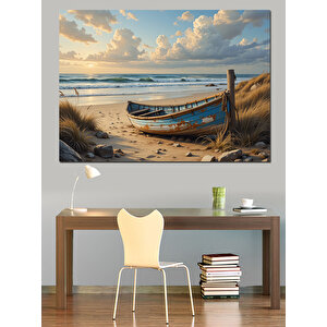 Kumsalda Terk Edilmiş Kayık Dekoratif Kanvas - Mdf Ahşap Tablo 50x70 cm