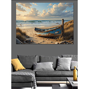 Kumsalda Terk Edilmiş Kayık Dekoratif Kanvas - Mdf Ahşap Tablo 50x70 cm