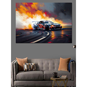 Yarışan Alevli Araba Dekoratif Kanvas - Mdf Ahşap Tablo 100x140 cm