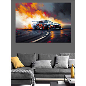 Yarışan Alevli Araba Dekoratif Kanvas - Mdf Ahşap Tablo 100x140 cm