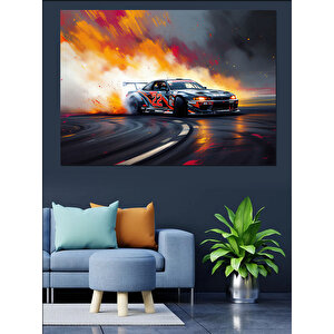 Yarışan Alevli Araba Dekoratif Kanvas - Mdf Ahşap Tablo