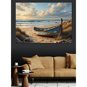 Kumsalda Terk Edilmiş Kayık Dekoratif Kanvas - Mdf Ahşap Tablo
