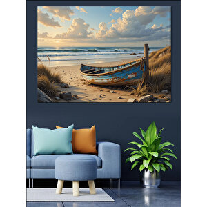 Kumsalda Terk Edilmiş Kayık Dekoratif Kanvas - Mdf Ahşap Tablo