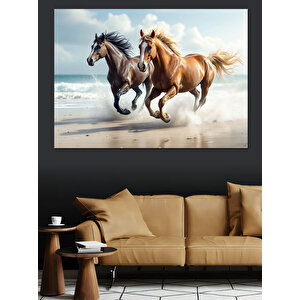 Kumsalda Koşan Atlar Dekoratif Kanvas - Mdf Ahşap Tablo 100x140 cm