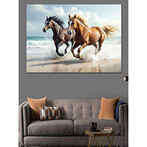 Kumsalda Koşan Atlar Dekoratif Kanvas - Mdf Ahşap Tablo 100x140 cm