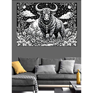 Siyah-beyaz Boğa Dekoratif Kanvas - Mdf Ahşap Tablo 50x70 cm