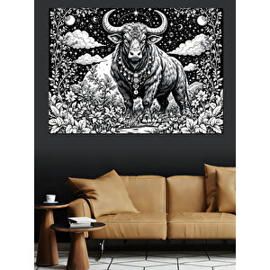 Siyah-beyaz Boğa Dekoratif Kanvas - Mdf Ahşap Tablo 50x70 cm