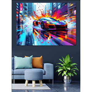 Hızlı Yarış Arabası Dekoratif Kanvas - Mdf Ahşap Tablo 100x140 cm
