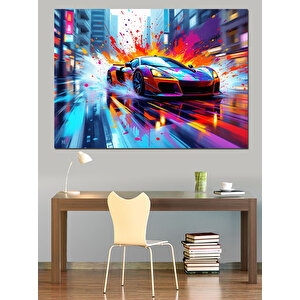 Hızlı Yarış Arabası Dekoratif Kanvas - Mdf Ahşap Tablo 100x140 cm