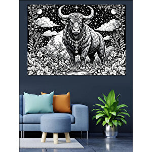 Siyah-beyaz Boğa Dekoratif Kanvas - Mdf Ahşap Tablo 70x100 cm