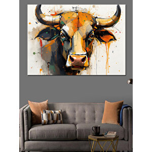 Boynuzlu Boğa İllüstrasyonu Dekoratif Kanvas - Mdf Ahşap Tablo 50x70 cm