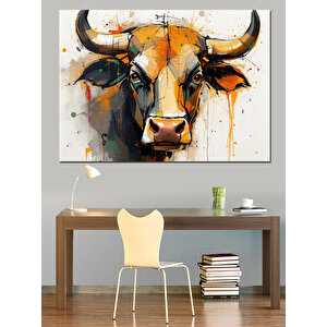 Boynuzlu Boğa İllüstrasyonu Dekoratif Kanvas - Mdf Ahşap Tablo 50x70 cm