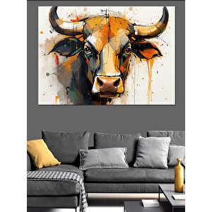 Boynuzlu Boğa İllüstrasyonu Dekoratif Kanvas - Mdf Ahşap Tablo 50x70 cm