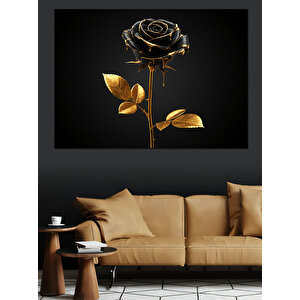 Altın Yapraklı Siyah Gül Dekoratif Kanvas - Mdf Ahşap Tablo 25x35 cm