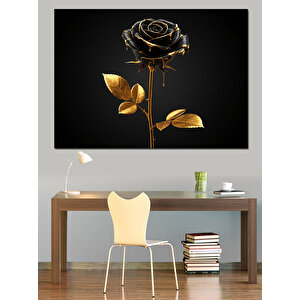 Altın Yapraklı Siyah Gül Dekoratif Kanvas - Mdf Ahşap Tablo