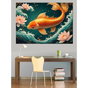 Lotuslar Arasında Japon Balığı Dekoratif Kanvas - Mdf Ahşap Tablo
