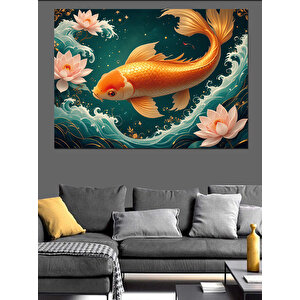 Lotuslar Arasında Japon Balığı Dekoratif Kanvas - Mdf Ahşap Tablo