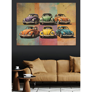 Retro Renkli Vosvos Arabalar Dekoratif Kanvas - Mdf Ahşap Tablo 35x50 cm