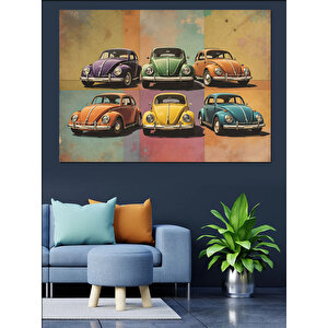 Retro Renkli Vosvos Arabalar Dekoratif Kanvas - Mdf Ahşap Tablo 35x50 cm