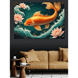 Lotuslar Arasında Japon Balığı Dekoratif Kanvas - Mdf Ahşap Tablo 70x100 cm