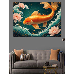 Lotuslar Arasında Japon Balığı Dekoratif Kanvas - Mdf Ahşap Tablo 70x100 cm