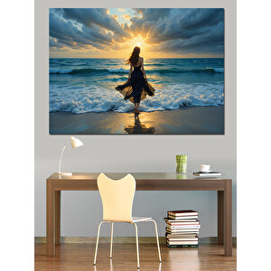 Kumsalda Gün Doğumu Kadın Dekoratif Kanvas - Mdf Ahşap Tablo 35x50 cm