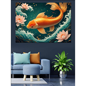 Lotuslar Arasında Japon Balığı Dekoratif Kanvas - Mdf Ahşap Tablo 35x50 cm