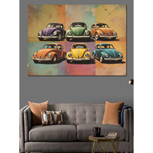 Retro Renkli Vosvos Arabalar Dekoratif Kanvas - Mdf Ahşap Tablo 70x100 cm