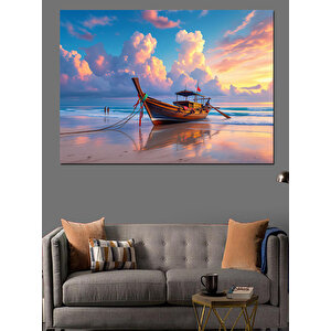 Gün Batımında Terk Edilmiş Sandal Dekoratif Kanvas - Mdf Ahşap Tablo 100x140 cm