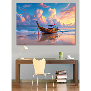Gün Batımında Terk Edilmiş Sandal Dekoratif Kanvas - Mdf Ahşap Tablo 100x140 cm