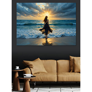 Kumsalda Gün Doğumu Kadın Dekoratif Kanvas - Mdf Ahşap Tablo