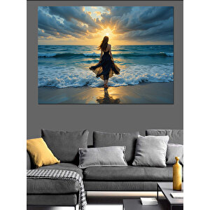 Kumsalda Gün Doğumu Kadın Dekoratif Kanvas - Mdf Ahşap Tablo