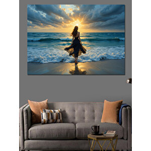 Kumsalda Gün Doğumu Kadın Dekoratif Kanvas - Mdf Ahşap Tablo 100x140 cm