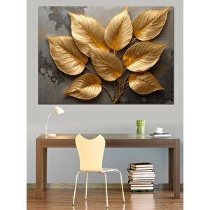 Altın Yapraklı Siyah Arka Plan Dekoratif Kanvas - Mdf Ahşap Tablo 50x70 cm