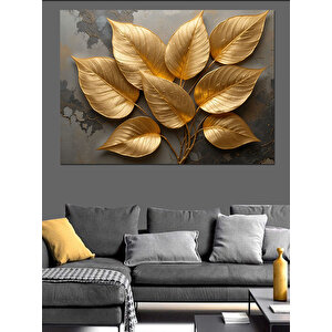 Altın Yapraklı Siyah Arka Plan Dekoratif Kanvas - Mdf Ahşap Tablo 50x70 cm
