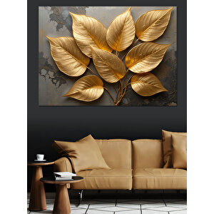 Altın Yapraklı Siyah Arka Plan Dekoratif Kanvas - Mdf Ahşap Tablo 50x70 cm