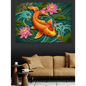 Lotuslar Arasında Koi Balığı Dekoratif Kanvas - Mdf Ahşap Tablo 70x100 cm