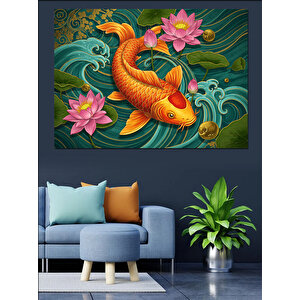 Lotuslar Arasında Koi Balığı Dekoratif Kanvas - Mdf Ahşap Tablo 70x100 cm