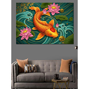 Lotuslar Arasında Koi Balığı Dekoratif Kanvas - Mdf Ahşap Tablo 70x100 cm