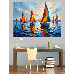 Renkli Yelkenli Tekneler Dekoratif Kanvas - Mdf Ahşap Tablo 70x100 cm