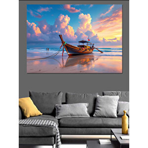 Gün Batımında Terk Edilmiş Sandal Dekoratif Kanvas - Mdf Ahşap Tablo 50x70 cm