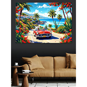 Kırmızı Klasik Araba Sahili Dekoratif Kanvas - Mdf Ahşap Tablo
