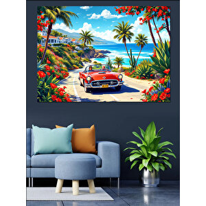 Kırmızı Klasik Araba Sahili Dekoratif Kanvas - Mdf Ahşap Tablo