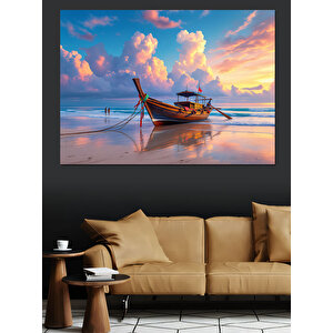 Gün Batımında Terk Edilmiş Sandal Dekoratif Kanvas - Mdf Ahşap Tablo