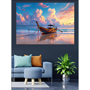 Gün Batımında Terk Edilmiş Sandal Dekoratif Kanvas - Mdf Ahşap Tablo