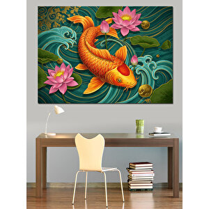 Lotuslar Arasında Koi Balığı Dekoratif Kanvas - Mdf Ahşap Tablo
